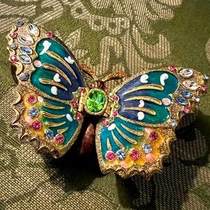 Vintage Butterfly Jeweled Swarovski Crystals Enameled Double Trinket Box